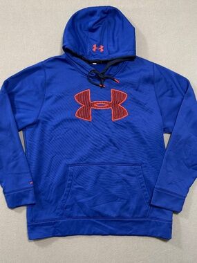 Under Armour Hoodie Blue Orange Big Logo Loose Fit Fleece Pullover Men 2XL